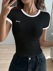 DAZY Women Contrast Color Block Round Neck Short Sleeve Bow Print Slim Fit T-Shirt - Black - View 3