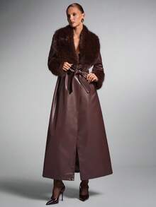SHEIN BAE Women's Autumn Burgundy PU Leather Patchwork Faux Fur Collar Luxury European & American Style Long Elegant Cinched Waist Coat For Women, Autumn/Winter, Long Burgundy Coat,Winter Clothes For Women - Coffee Brown - View 6