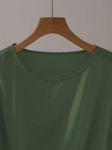 Franclia Elegant Short Sleeve Round Neck Ruffle Tie Bow Combination Khaki Women Blouse, Spring/Summer - Army Green - View 3