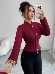 SHEIN Elenzya 优雅女士立领夹克，收腰，单排扣，精致粗花呢设计 - 紅色 - 查看 4