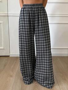DAZY 女士宽松休闲格子直筒裤，适合商务通勤，简约时尚，秋冬 - 黑色 - 查看 3