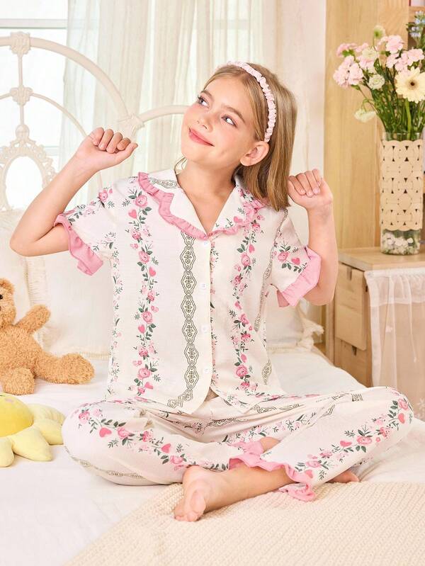 SHEIN 女童撞色荷叶边领碎花短袖睡衣套装