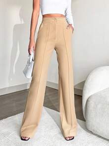 EURMUSE Ladies' Solid Color Suit Trousers With Pockets - Beige - View 5