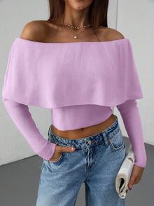 EURMUSE Casual Off Shoulder Bardot Ruffle Neckline Long Sleeve Sweater - Baby Pink - View 8