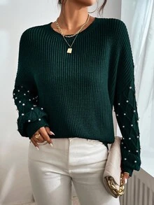 EURMUSE Solid Color Casual Crew Neck Long Sleeve Pullover Women Sweaters - Dark Green - View 5