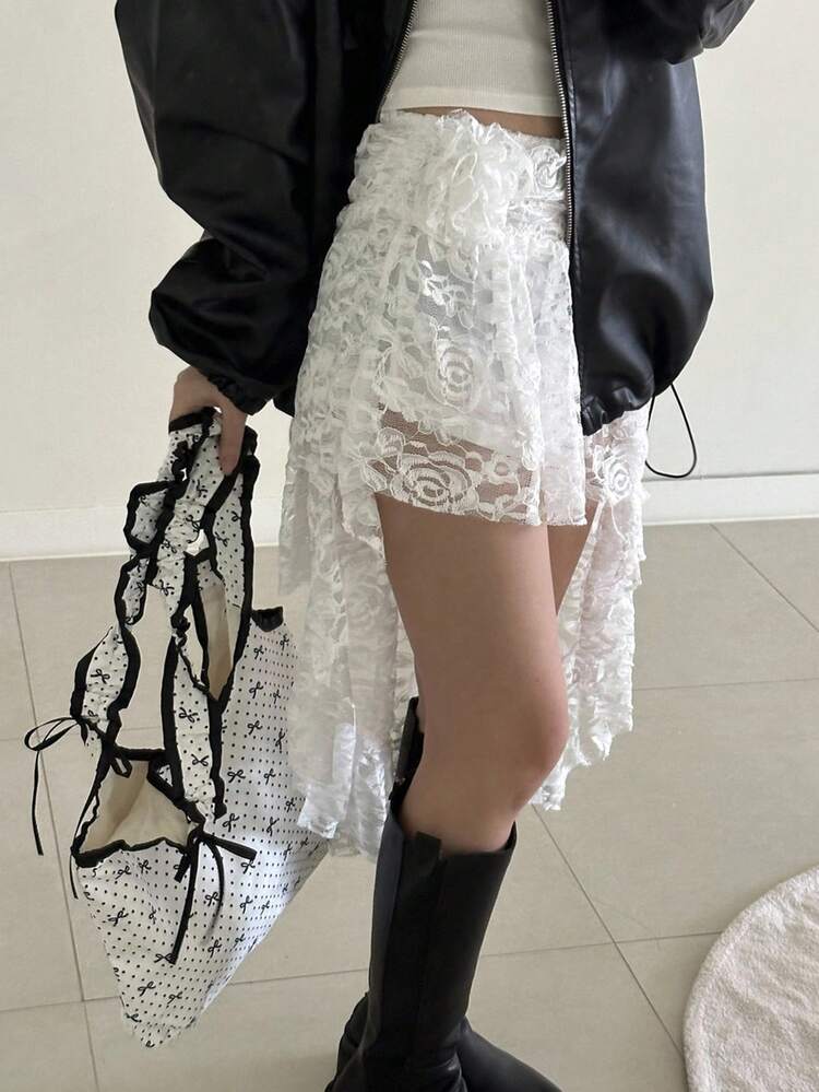 Asymmetric Hem Rose Flower Lace Trim Solid Color Niche Design Women Skirt Low Rise