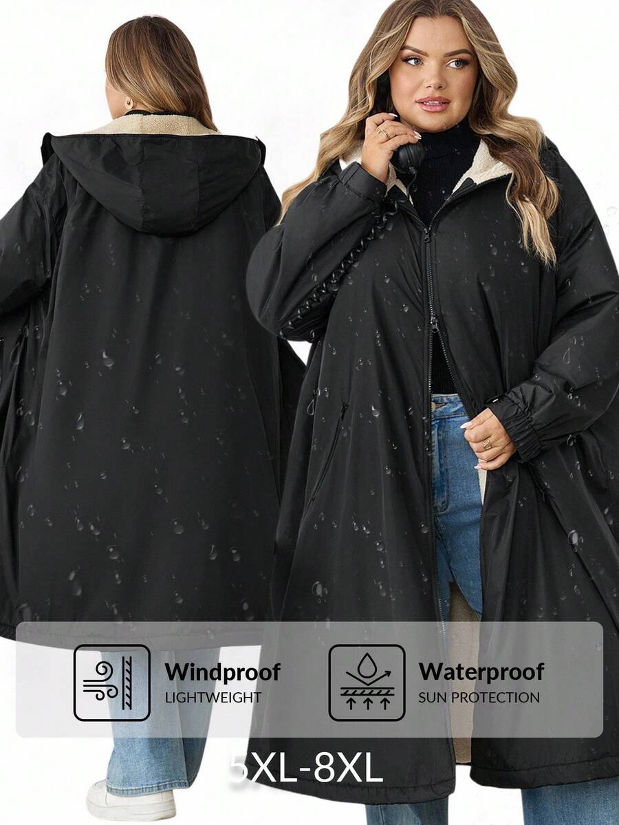 SHEIN CURVE+ Women's Plus Size Casual Loose Hooded Fleece Jacket, Autumn/Winter - Black - View 1