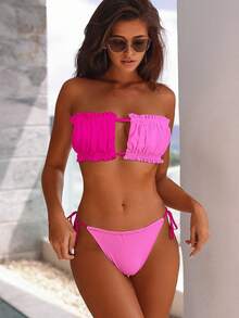 SHEIN Swim Summer Beach Two Tone Frill Bandeau Tie Side Bikini Set - Hot Pink - View 5