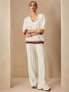 Modelyn 女式 Polo 领短袖针织毛衣和阔腿裤两件套，休闲宽松，时尚百搭针织装 - 杏色 - 查看 6
