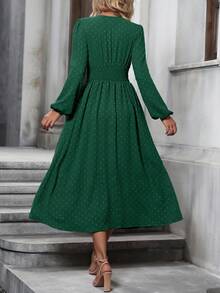 EMERY ROSE Swiss Dot Surplice Neck Lantern Sleeve Ruched Waist Dress Maxi Women Outfit - Green - View 2
