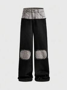 ROMWE MEN Grunge Punk Men's Leopard Print Patchwork Wide Leg Loose Fit Jeans - Black - View 6