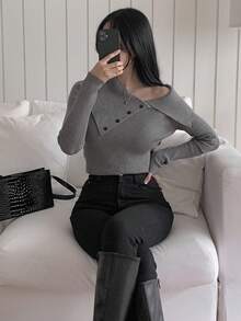 DAZY 女士优雅设计修身毛衣，秋冬 - 灰色 - 查看 6