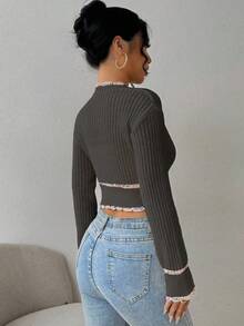 EMERY ROSE 女士秋季落肩长袖单排扣短款休闲薄款针织开衫 - 墨綠色 - 查看 2