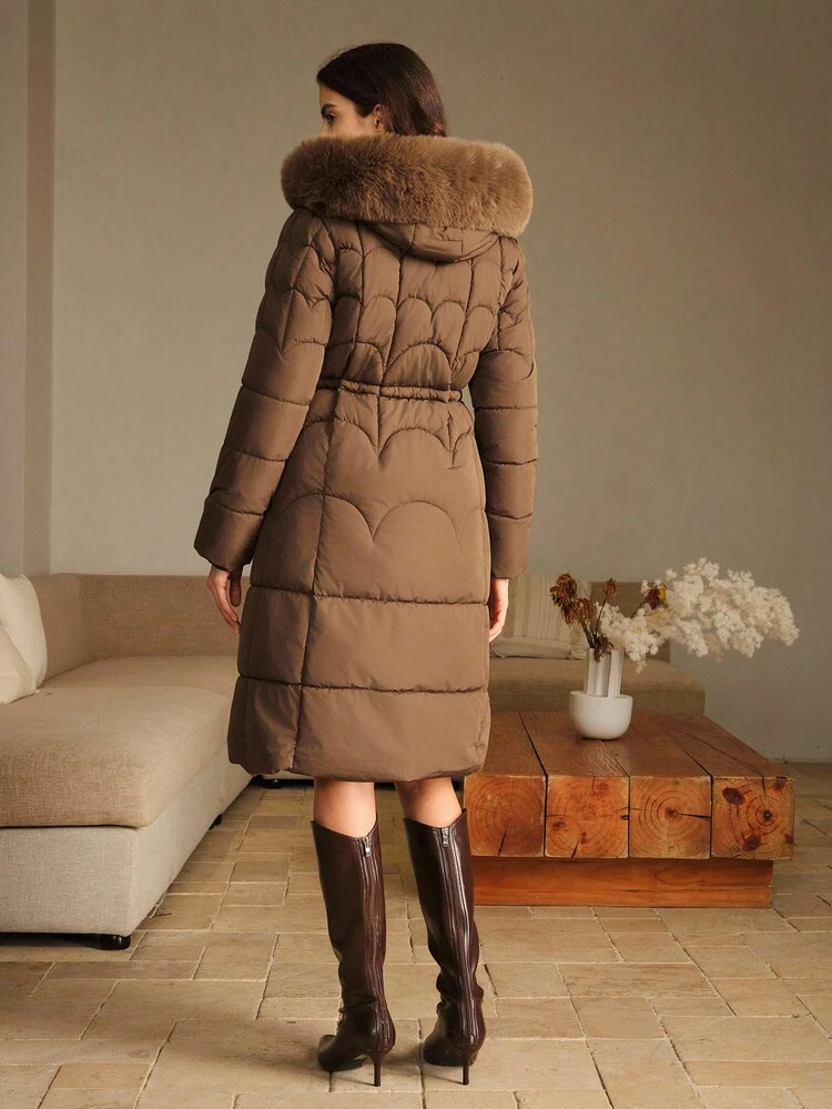 Women's Elegant Coffee-Colored Mid-Length Square Quilted Hooded Fur Collar Cinched Waist Zip-Up Padded Coat