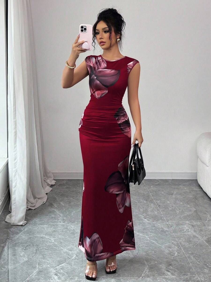 Elenzga Vestido de verano elegante y sencillo con cuello redondo, sin mangas y estampado floral para mujeres - Rojo - Ver 1