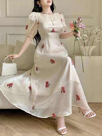 Modelyn Blommönster för kvinnor med rund hals, kort puffärm, elegant klänning