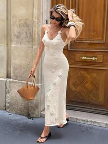 SHEIN Frenchy Elegant Off-White 3D Floral Backless Knit Dress,Autumn Holiday Tea Party Camisole Long Sweater Dresses,Fitted Bodycon Wedding Guest Dress For Women - Apricot - View 3