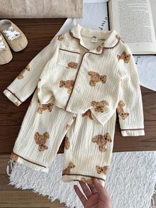 LMoss Kids 2件套男婴编织可爱熊图案翻领开衫和裤子睡衣套装 - 彩色 - 查看 6