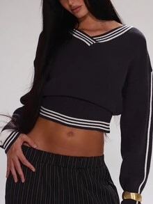 MUSERA 针织V领条纹细节收腰毛衣套头衫，可爱教师返校休闲工作街头风运动工作服商务装 - 黑與白 - 查看 2