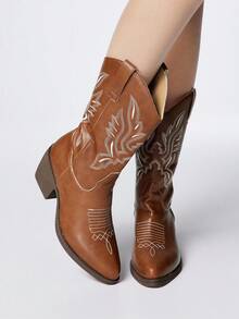 Styleloop Brown Embroidered Western High Shaft Boots, Side Zipper Wedge Heel Riding Boots, Slip-On Elastic Tall Boots For Women, Suitable For Halloween, Christmas, Autumn - Brown - View 1