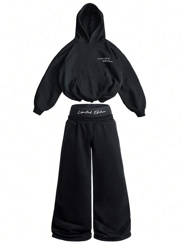 Manfinity EMRG Men's Street-Style Limited Edition Printed Hoodie And Drawstring Waist Pants Set, Suitable For Outdoor Music Festivals, Nightclubs, Boyfriend/Husband Gift, Anniversary Gift, Black Two Pieces Set Men, Hoodie And Sweatpants Set, Two Pieces Outfit Men, Designer Sweatsuit, Black Sweatsuit, 2000s Style, Fall Clothes, Cozy Outfits