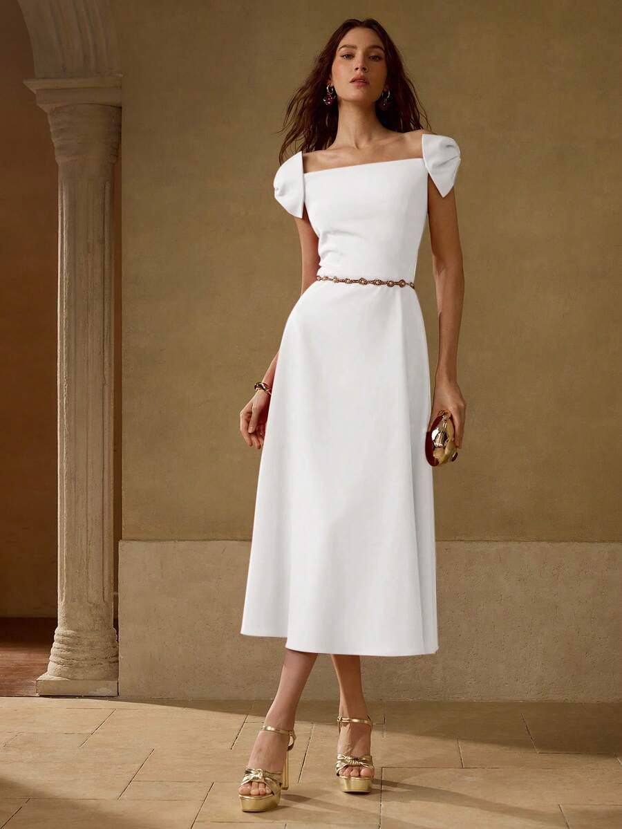 MOTF PREMIUM BOW DECOR OFF SHOULDER DRESS - White - View 1