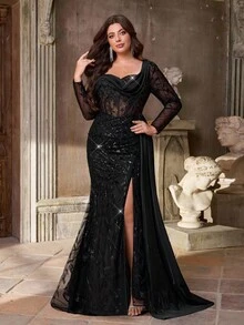 Aureia Vestido elegante y lujoso de talla grande con mangas largas transparentes, bordado, encaje con lentejuelas, satén con empalme, abertura sexy de cola de pez con volante lateral, adecuado para bodas, fiestas de solteros, vacaciones, bailes, ocasiones formales (resistente)