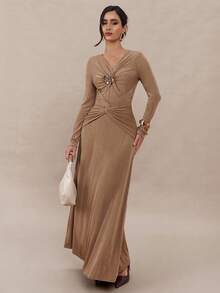 Modelyn 女式花卉装饰V领长袖扭纹设计优雅连衣裙 - 棕色 - 查看 5