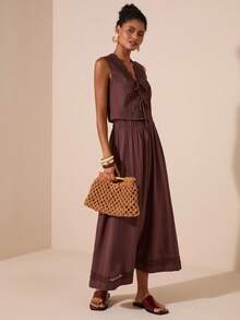 Travachic 2 件套女士纯色梭织无袖背心和宽松腰裙，度假装 - 棕色 - 查看 4