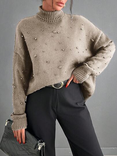 SHEIN Tall Women's Pearl Turtleneck Drop Shoulder Elegant Sweater
