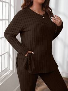 SHEIN Cottnline Plus Size Comfortable Knit Ribbed 2 Pieces Set - Brown - View 6
