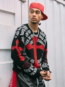 AXEPEAK Men's Casual Crew Neck Drop Shoulder Letter & Cross Graphic Sweater, Autumn/Winter - Multicolor - View 4