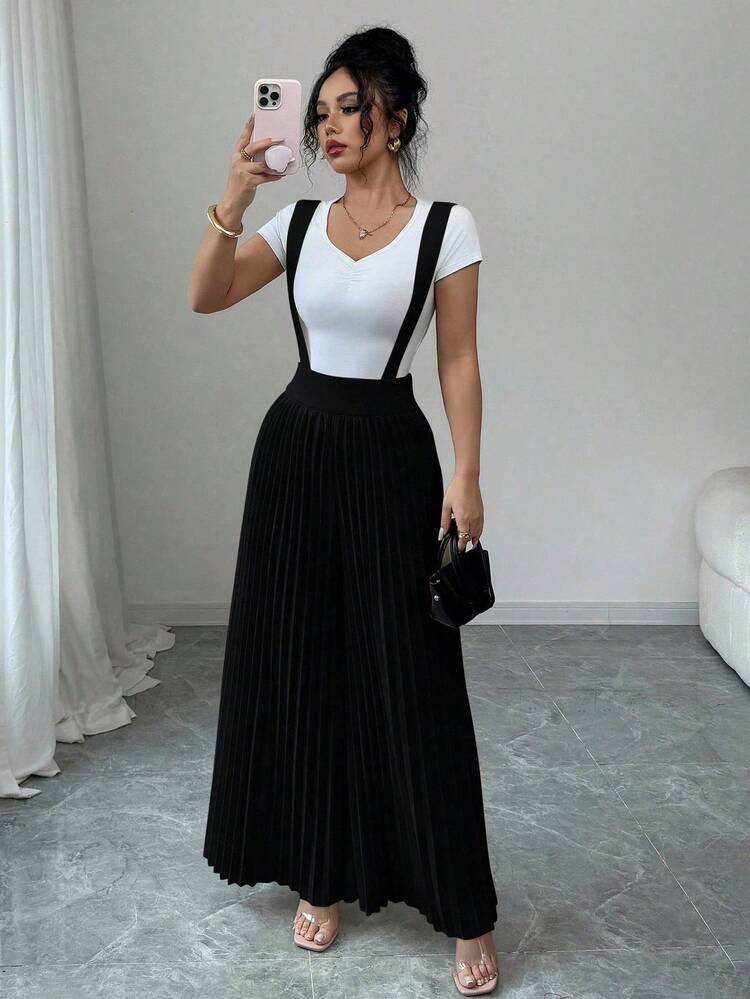 Elenzga Pantalones minimalistas de mujer con pliegues y tirantes para el transporte - Negro - Añade 6