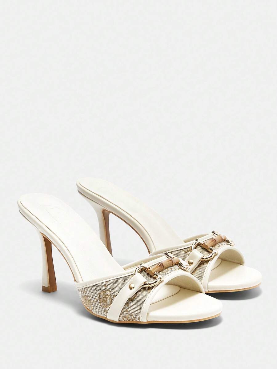 CUCCOO CURVES Beige PU Gold Retro Buckle Fashion Wide Fit Round Toe High Heel Mules - Beige - View 1