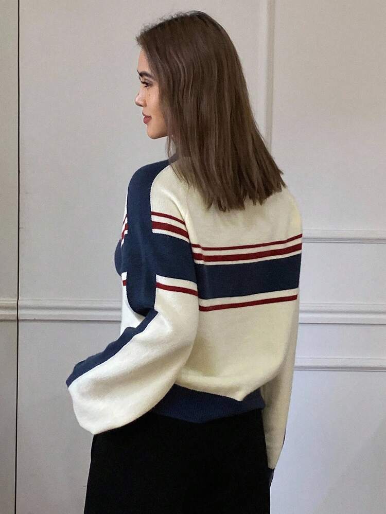 Women's Loose Casual Striped Contrast Color Half-Zip Sweater, Autumn/Winter