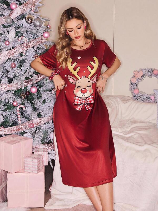 SweetSlumber Women's Comfortable Cartoon Reindeer Print Crew Neck Nightgown Reindeer Sleep Dress Christmas Sleep Dress
