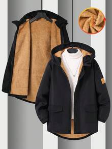 SHEIN Áo khoác dáng lửng có mũ, màu đen, dành cho bé trai tuổi teen, kiểu dáng thể thao thường ngày, có dải lông trang trí, lớp lót lông dày dặn. Thích hợp cho trẻ em đi học, dự tiệc sinh nhật, tiệc tối, biểu diễn, lễ khai mạc, mặc hàng ngày, đi học, chơi thể thao, thích hợp cho mùa thu và mùa đông. - màu đen - Xem 2