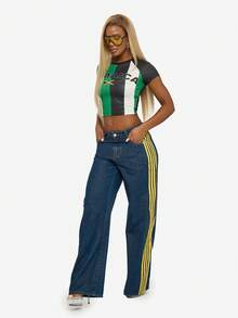 SUMWON WOMEN Linen Cotton Wide Leg High Rise Tape Stripe Detail Vintage Style Denim Jeans For Festival Streetwear Casual Outfits