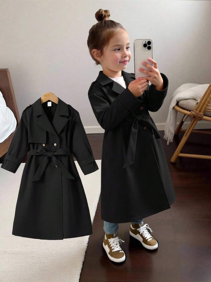 SHEIN Kleine Mädchen Locker geschnittene Jacke mit Doppelreiher-Kragen, Parka, Trenchcoat, im lässigen Militärstil, geeignet für Pendeln und Outdoor-Outfit, Frühling/Sommer/Herbst/Winter, Y2K-Stil für metallic Jacke, Y2K-Jacke, silberne Jacke, für Halloween, Mutter & Schwester & Ich Partnerlook, Herbst - Schwarz - Übersicht 1