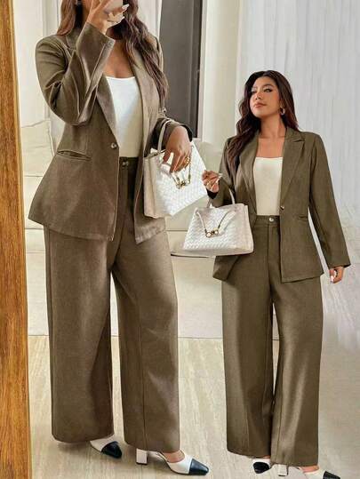 Vionelle 大码女式优雅芥末黄翻领长袖口袋装饰西装外套和直筒裤两件套