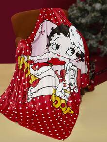 Betty Boop x SHEIN 1 件可爱印花法兰绒毯，床/沙发毯，柔软保暖，可机洗，多种尺寸可选，圣诞节、送礼佳品、派对、节日、情人节 - 酒紅色 - 查看 4