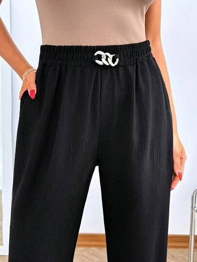 EURMUSE Solid Color Chain Details Wide Leg Pant