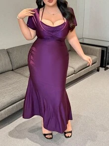Flirla Plus Size 2 In 1 Halter Lace Short Sleeve Cinched Waist Mermaid Dress - Purple - View 5