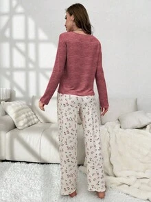 CottageSlumber Women's Simple Solid Color Button-Front Long Sleeve Top And Long Pants Pajama Set Holiday Season, Cozy And Elegant Details, Fall Winter Clothes - Red - View 2