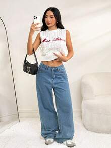 SHEIN PETITE 女士无袖字母图案针织上衣、返校服装、羊毛上衣、冬季女装、可爱羊毛背心、新年毛衣 - 白色 - 查看 5