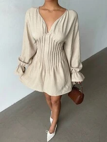Siren Gaze Women's Casual Solid Color Waist Cinched Dress Winter - Apricot - View 3