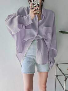 DAZY Áo sơ mi nữ cổ bẻ rộng màu trơn, quần áo mùa thu, áo dài tay - Màu tím  Violet - Xem 3