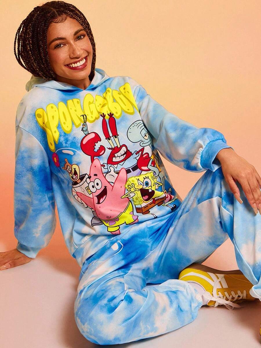 SpongeBob SquarePants | SHEIN 2件套女士休闲扎染卡通图案连帽衫和裤子套装，秋季 - 藍色 - 查看 1
