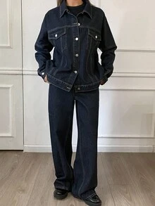 Livesso 女士休闲翻领宽松上衣和阔腿牛仔裤套装，秋季 - 藍色 - 查看 1