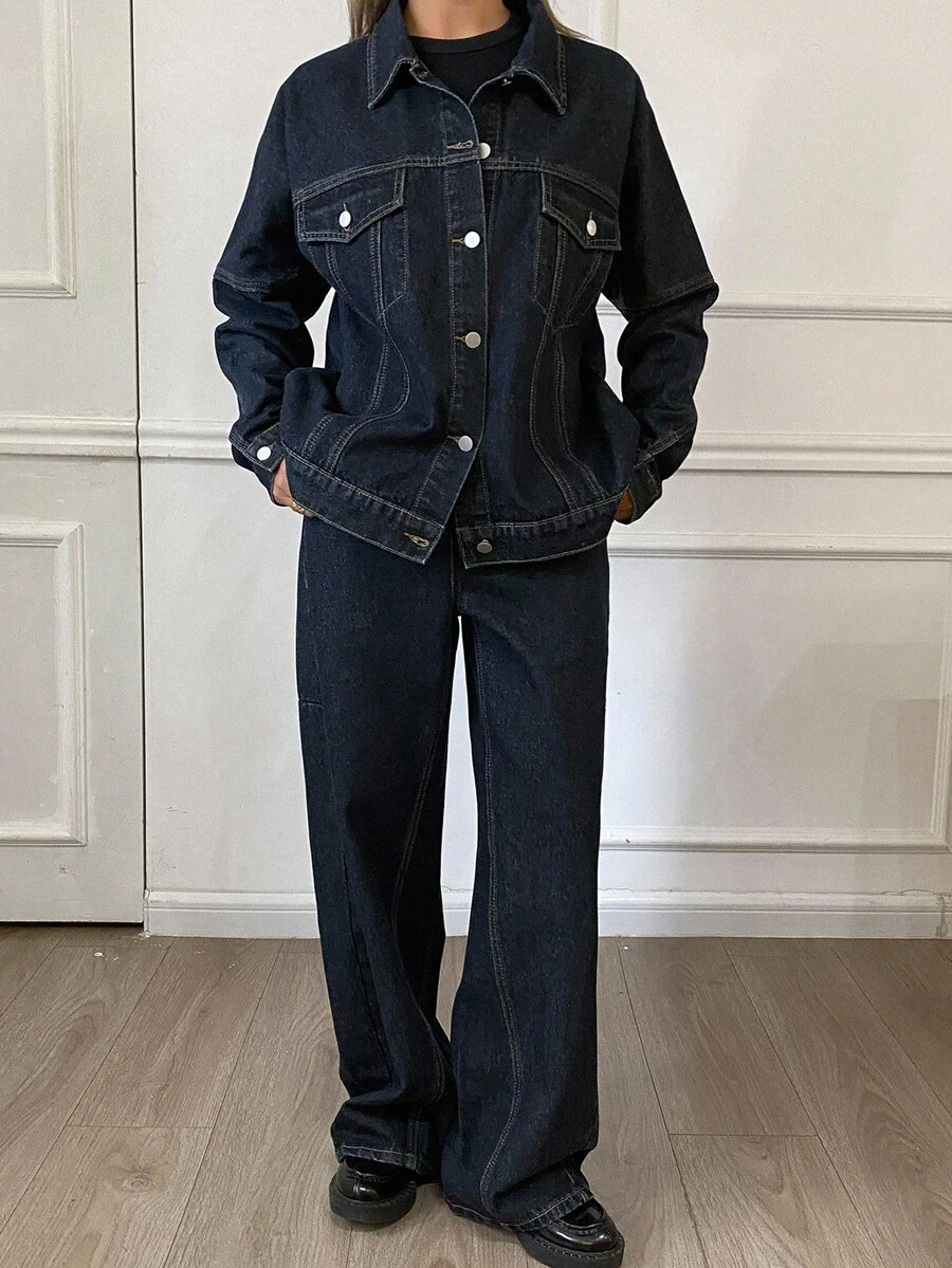 Livesso 女士休闲翻领宽松上衣和阔腿牛仔裤套装，秋季 - 藍色 - 查看 1